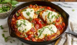 Mozzarella chicken skillet with melted cheese and tomato sauce in oven-safe pan garnished with fresh basil