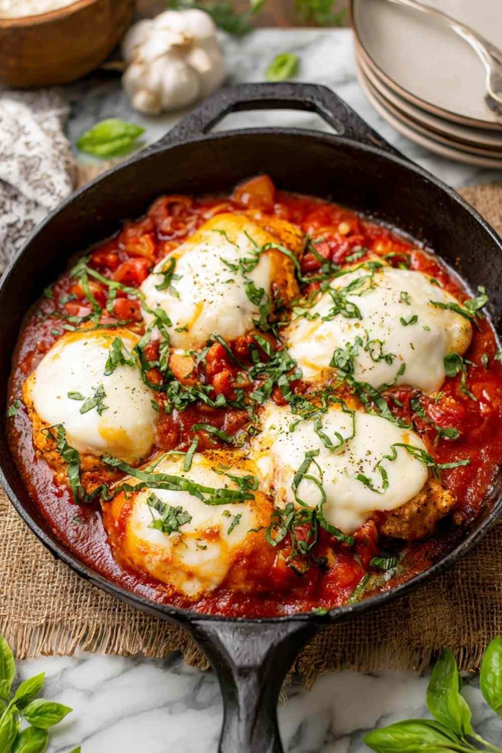 Mozzarella chicken skillet with melted cheese and tomato sauce in oven-safe pan garnished with fresh basil