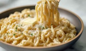 Creamy one-pan butter parmesan pasta in large skillet with melted cheese and fresh parsley garnish