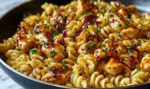 One-Pot Honey Garlic BBQ Chicken Pasta One-pot honey garlic BBQ chicken pasta with rotini spirals coated in sticky sweet sauce garnished with fresh parsley