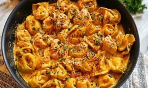 One-Pot Spicy Garlic Butter Chicken Tortellini One-pot spicy garlic butter chicken tortellini with creamy sauce and fresh herbs in large pot