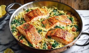 One skillet salmon with lemon orzo featuring pan-seared salmon fillets over creamy Parmesan orzo with spinach