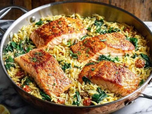 One skillet salmon with lemon orzo featuring pan-seared salmon fillets over creamy Parmesan orzo with spinach