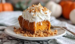 Pumpkin Better Than Cake Slice of Pumpkin Better Than Sex Cake with layers of caramel and Cool Whip topping