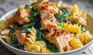 Creamy salmon spinach pasta with fettuccine in garlic Parmesan sauce garnished with fresh parsley on white plate