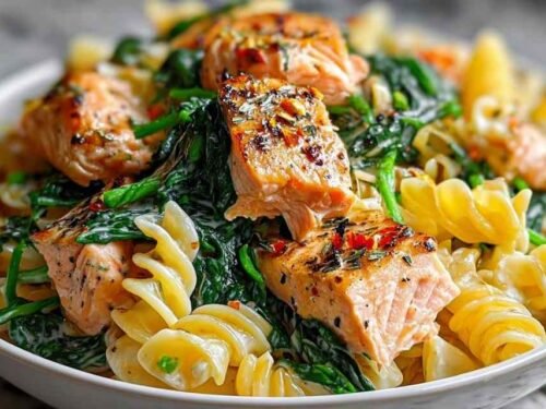 Creamy salmon spinach pasta with fettuccine in garlic Parmesan sauce garnished with fresh parsley on white plate