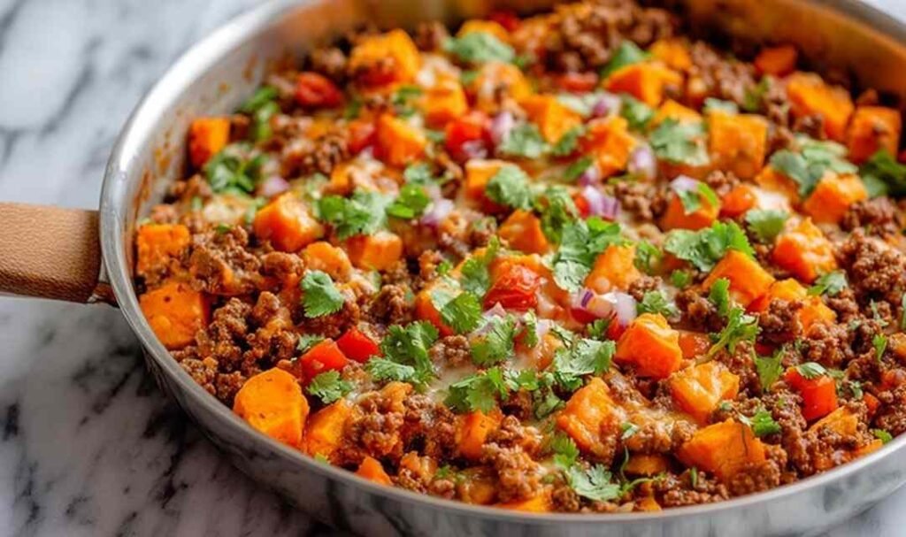 Southwest Ground Beef and Sweet Potato Skillet
