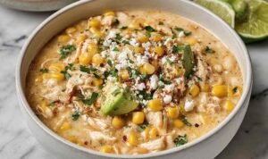 Street corn chicken chili in white bowl topped with cotija cheese, avocado, and fresh cilantro