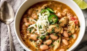 Bowl of white bean chicken chili topped with sour cream, cilantro, and avocado on wooden table