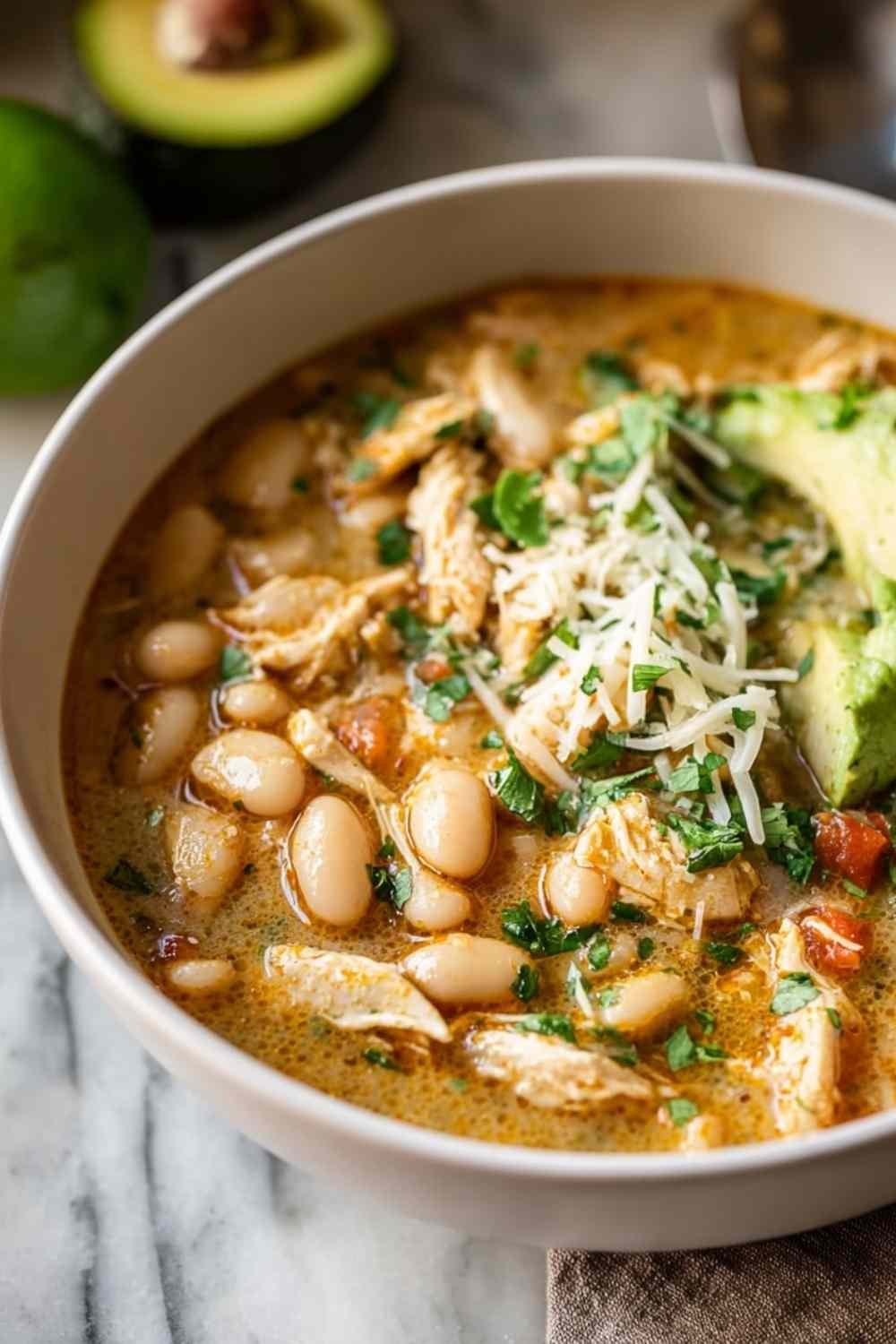 Bowl of white bean chicken chili topped with sour cream, cilantro, and avocado on wooden table