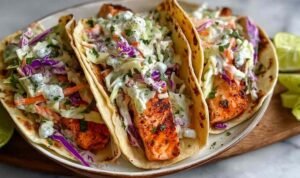 Air fryer salmon tacos topped with fresh cabbage slaw in warm corn tortillas on a white plate