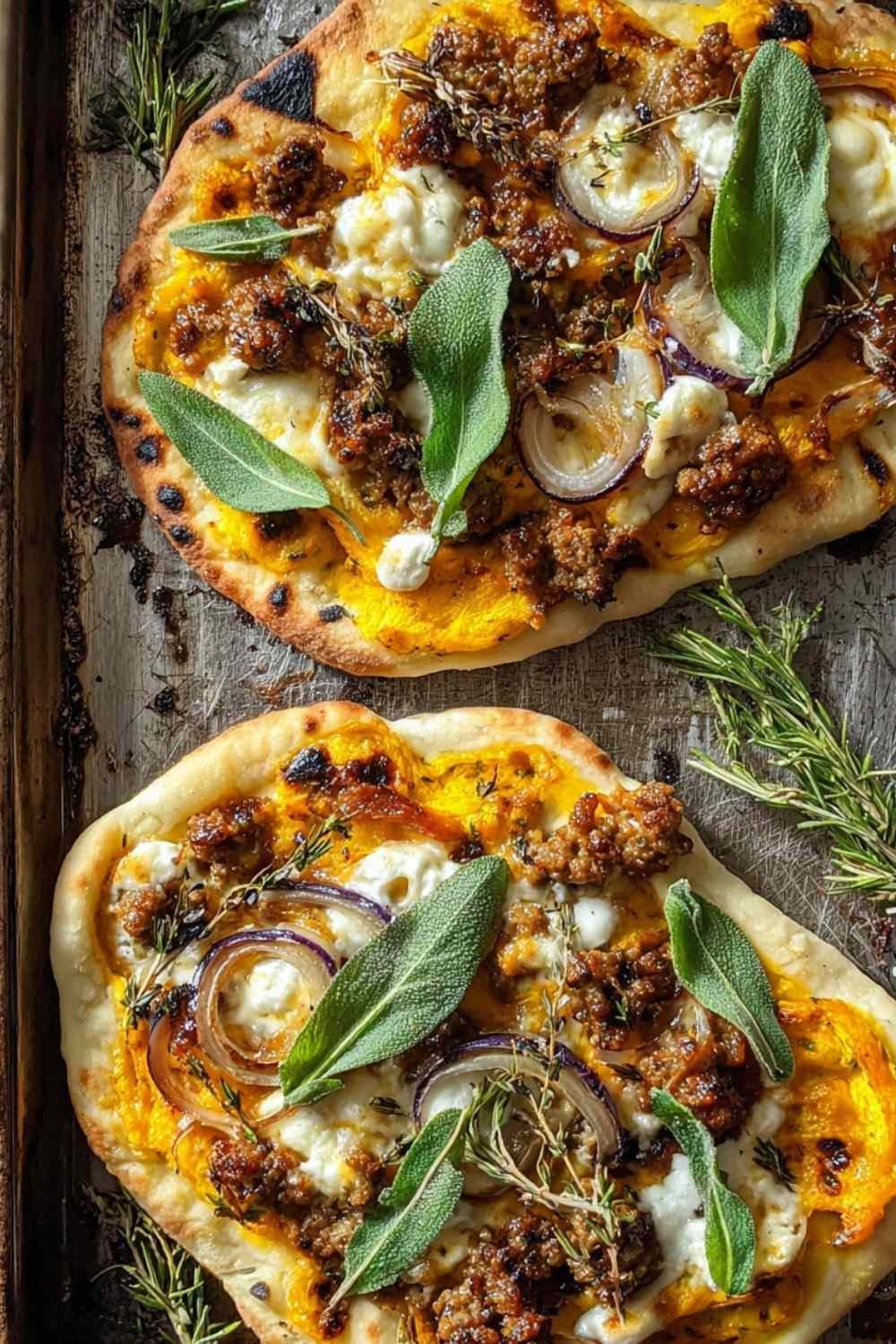 Autumn naan pizzas topped with golden shallots, sausage, pumpkin, and melted fontina cheese drizzled with hot honey