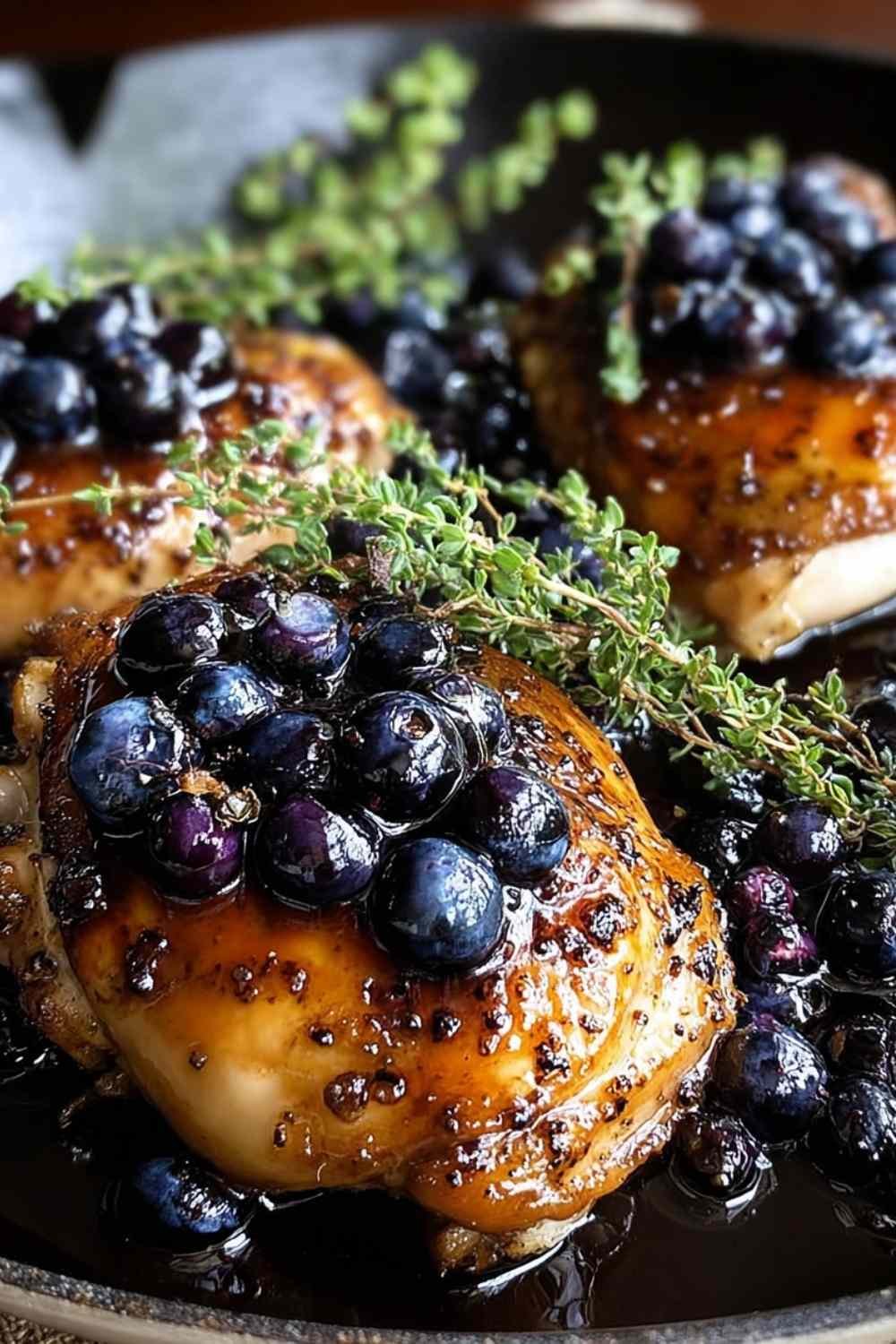Best-Ever Blueberry Thyme Chicken on white plate with blueberry sauce and fresh thyme garnish