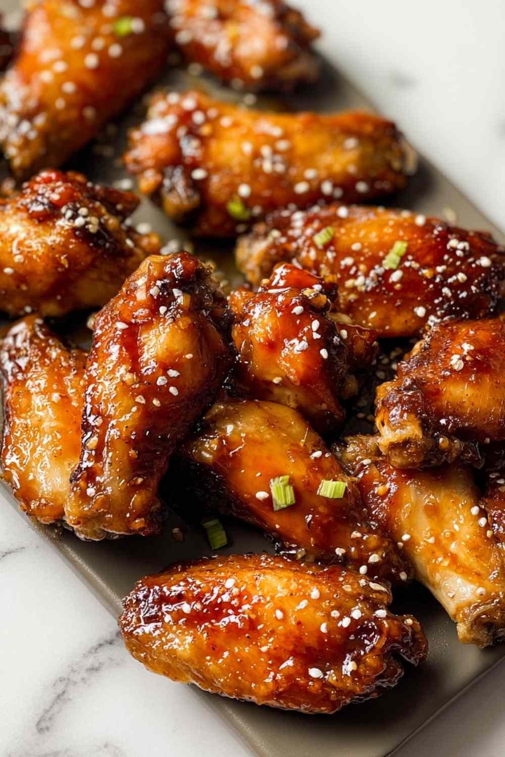 Caramelized baked chicken wings with glossy brown sugar glaze on white serving platter