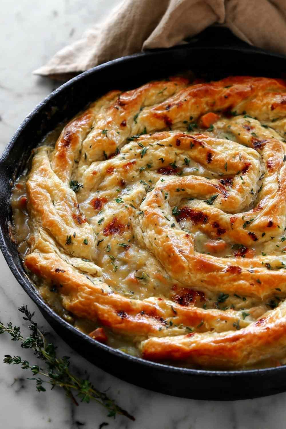 Cast iron skillet chicken pot pie with golden rosette puff pastry crust fresh from the oven