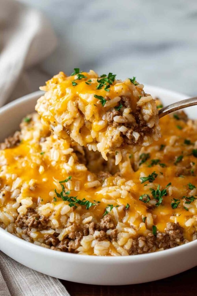 Cheesy Ground Beef and Rice Casserole