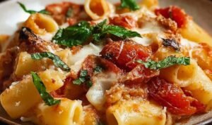 Chicken Pasta alla Sorrentina with melted mozzarella and fresh basil in white baking dish