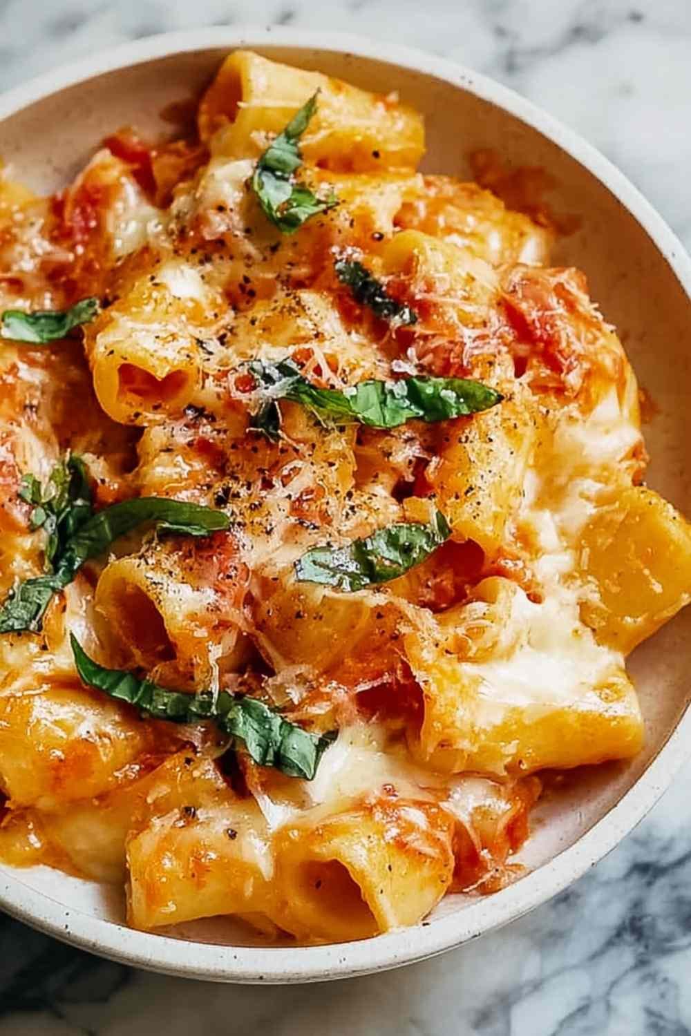 Chicken Pasta alla Sorrentina with melted mozzarella and fresh basil in white baking dish