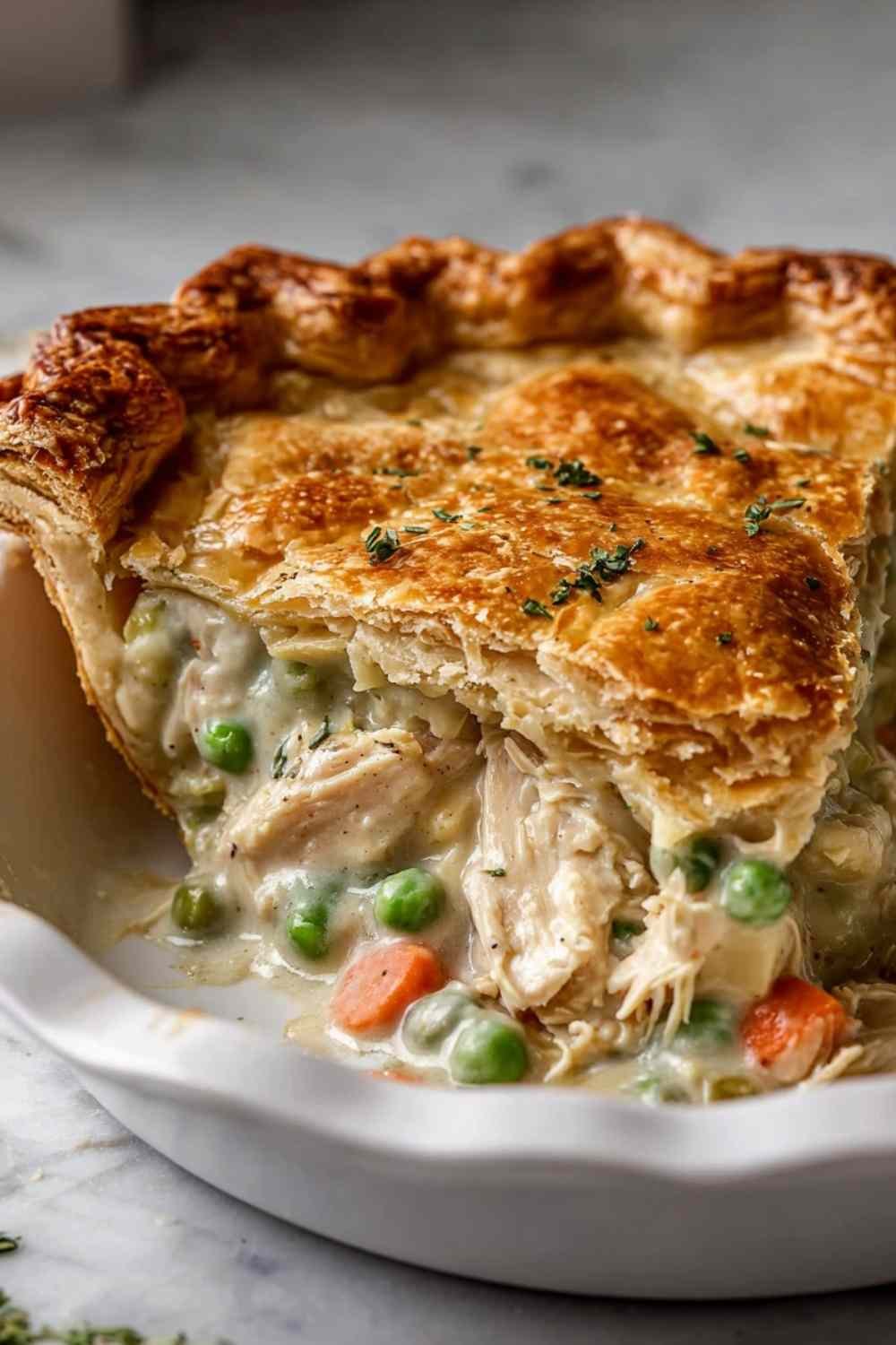 Golden brown chicken pot pie recipe with flaky crust fresh from the oven
