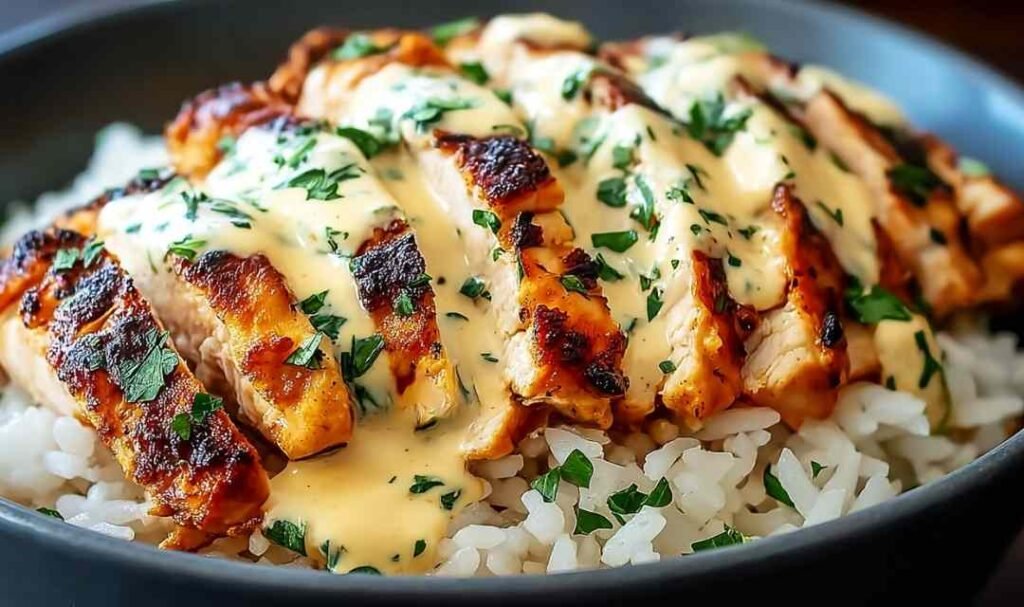 Chicken Rice Bowls with Creamy Garlic Sauce