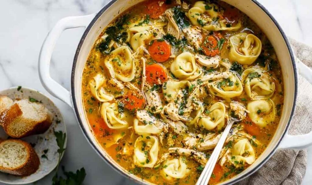 Hearty Chicken Tortellini Soup with vegetables and cheese tortellini in a white bowl