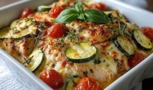 Chicken zucchini bake with golden melted cheese fresh from the oven in baking dish