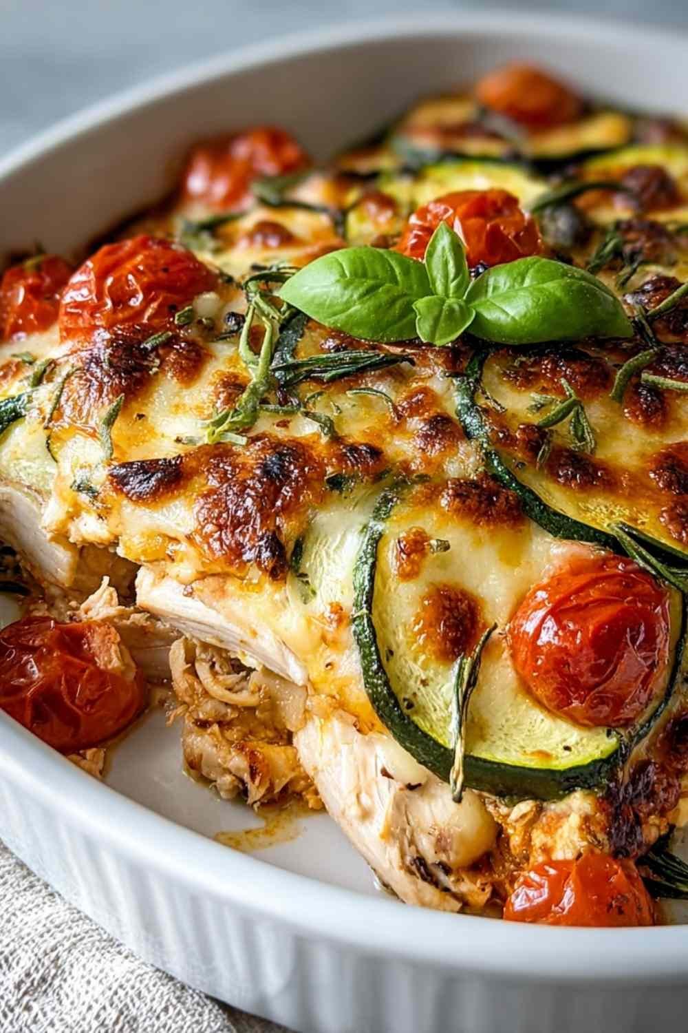 Chicken zucchini bake with golden melted cheese fresh from the oven in baking dish