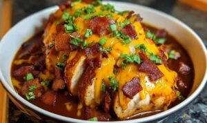Cowboy BBQ Bacon Cheddar Chicken topped with crispy bacon and melted cheese on white plate