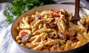 Creamy Cajun chicken and sausage pasta in a large skillet with penne, sliced chicken, sausage pieces, and mushrooms in rich Parmesan cream sauce