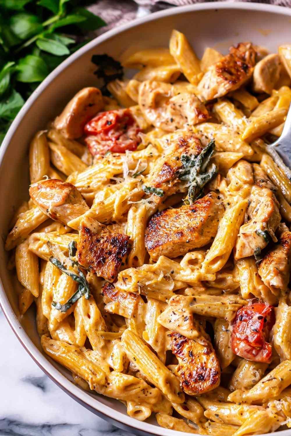 Creamy Cajun chicken and sausage pasta in a large skillet with penne, sliced chicken, sausage pieces, and mushrooms in rich Parmesan cream sauce