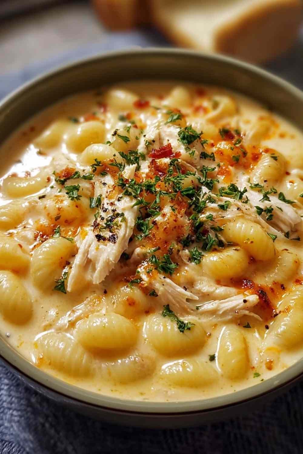 Creamy chicken macaroni cheese soup in white bowl garnished with fresh parsley