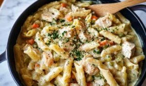 Creamy chicken pot pie pasta in white bowl with mixed vegetables and fresh parsley garnish