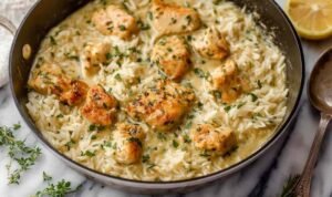 Creamy herb chicken basmati rice served on white plate with fresh parsley garnish