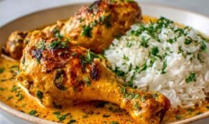 Creamy paprika chicken drumsticks served over white rice with fresh parsley garnish on a white plate
