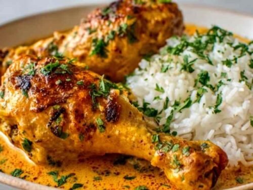Creamy paprika chicken drumsticks served over white rice with fresh parsley garnish on a white plate