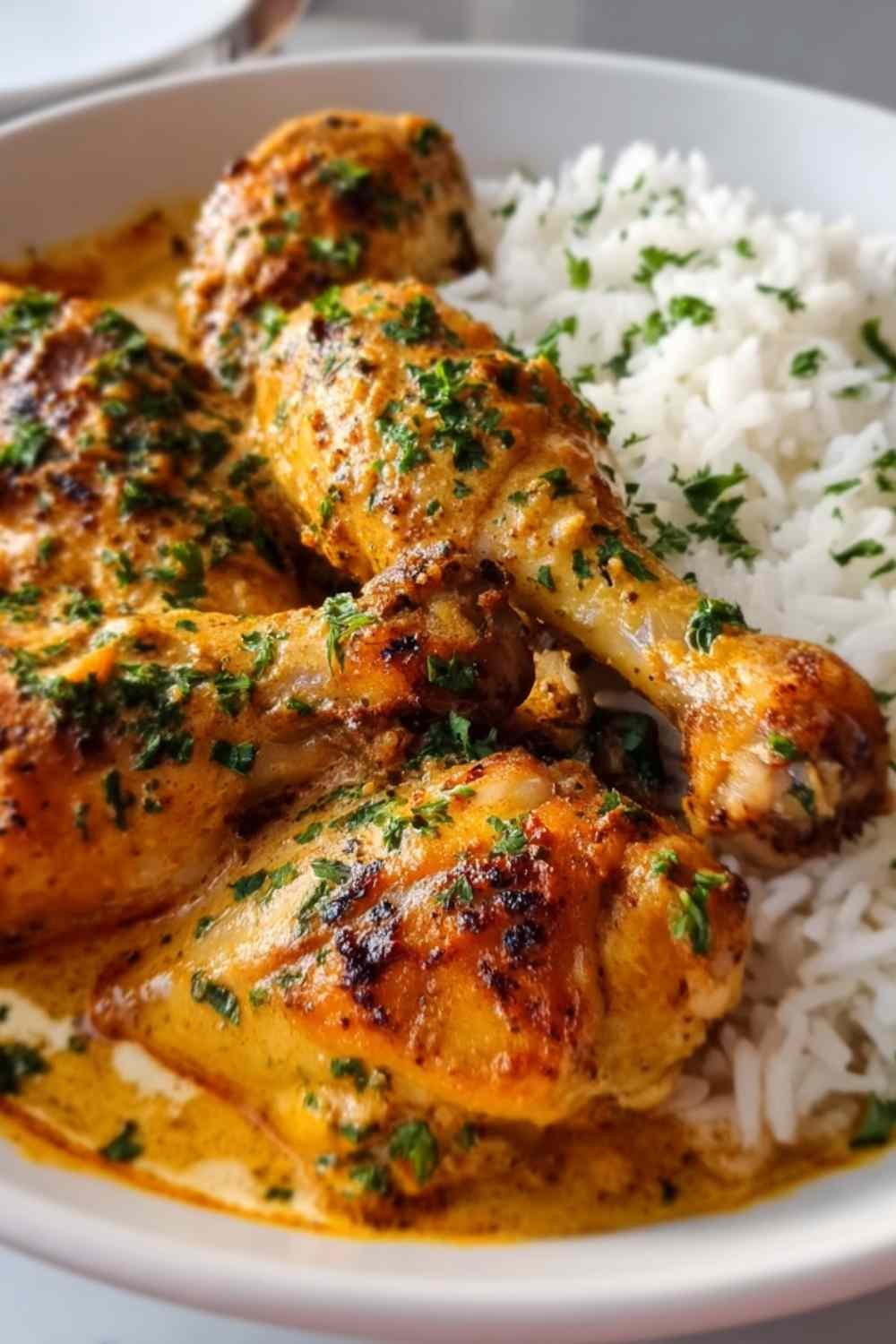 Creamy paprika chicken drumsticks served over white rice with fresh parsley garnish on a white plate