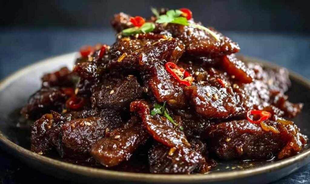 Crispy chilli beef with bell peppers and onions served over white rice on a dinner plate