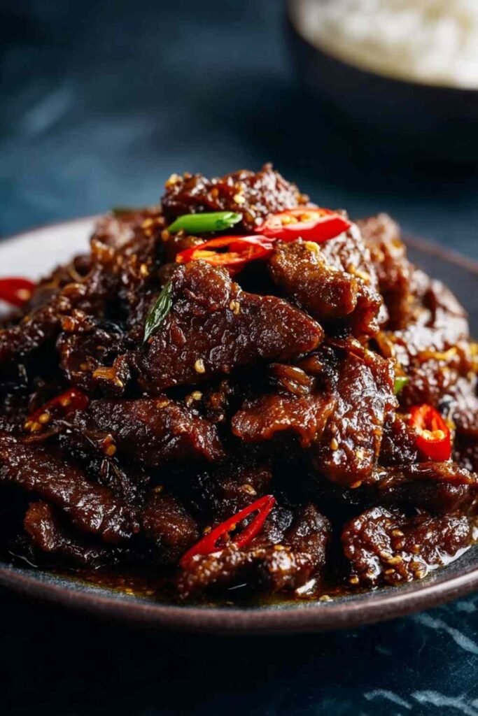 Crispy chilli beef with bell peppers and onions served over white rice on a dinner plate
