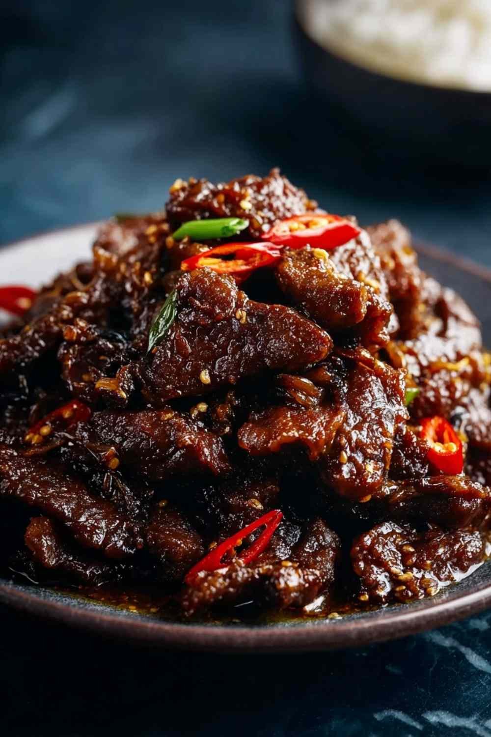 Crispy chilli beef with bell peppers and onions served over white rice on a dinner plate
