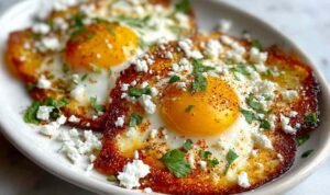 Crispy feta fried eggs with golden cheese edges and runny yolks on white plate