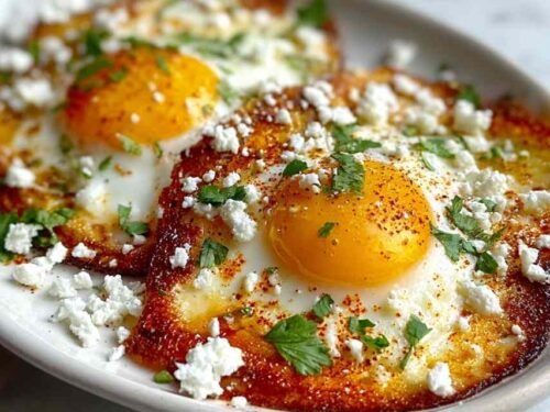 Crispy feta fried eggs with golden cheese edges and runny yolks on white plate