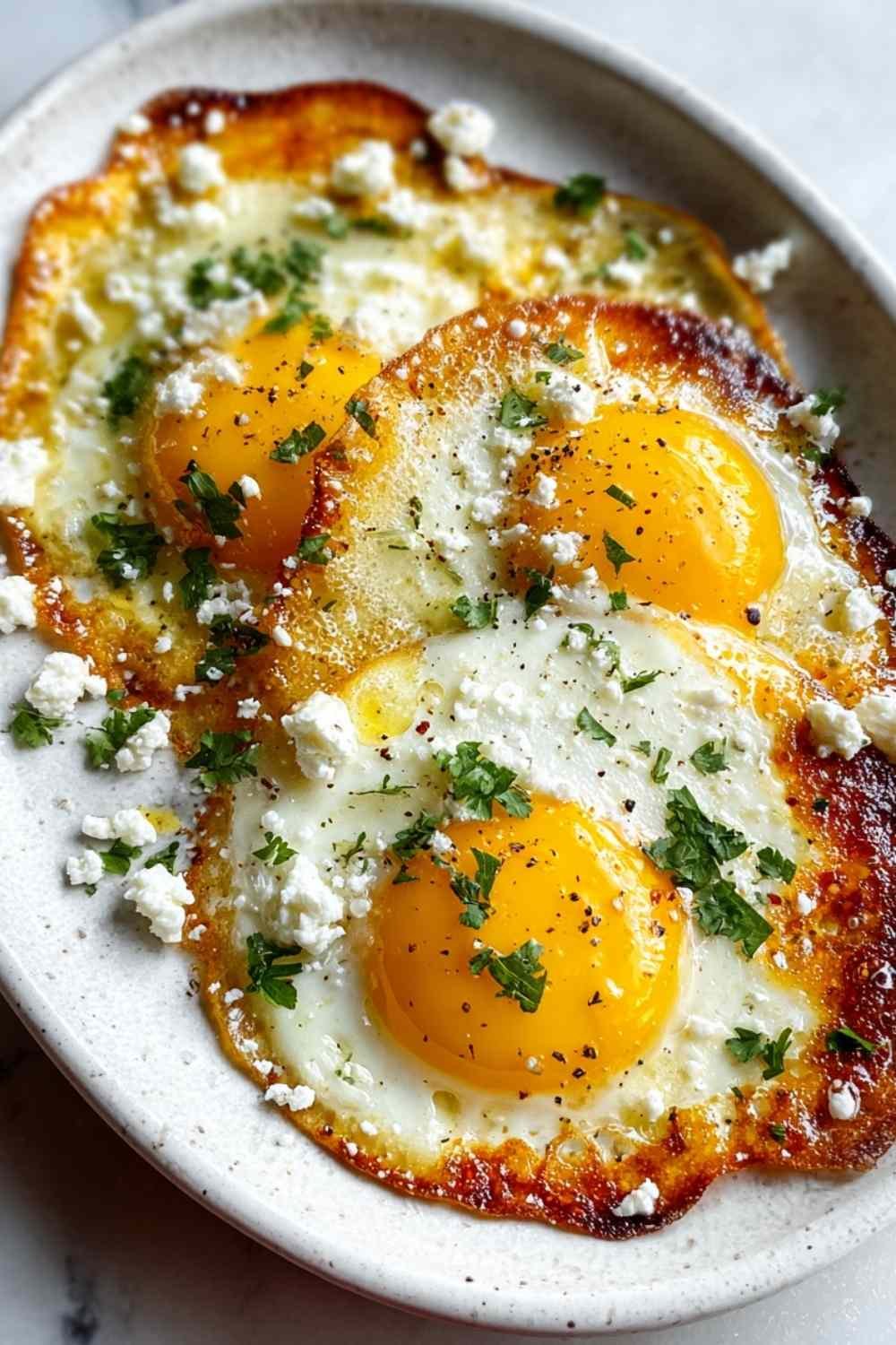 Crispy feta fried eggs with golden cheese edges and runny yolks on white plate