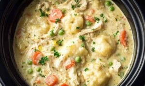 Crockpot Chicken and Dumplings: Crockpot Chicken and Dumplings in slow cooker