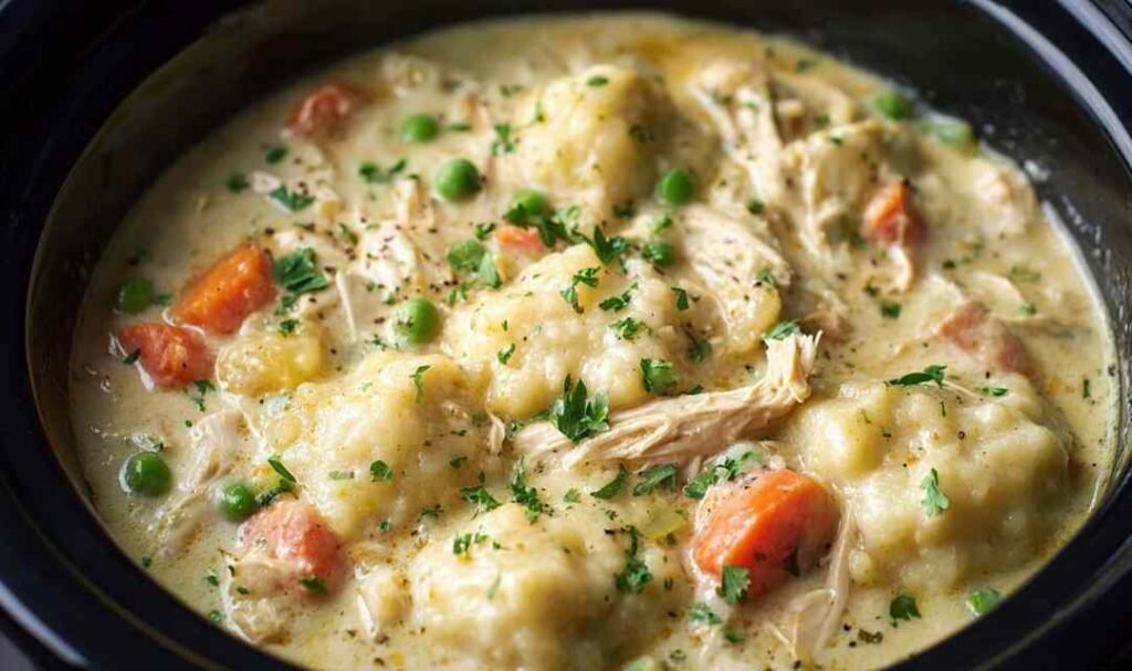 Crockpot Chicken and Dumplings in slow cooker