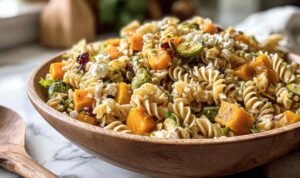 Fall pasta salad with roasted butternut squash, Brussels sprouts, apples, and goat cheese in large white serving bowl