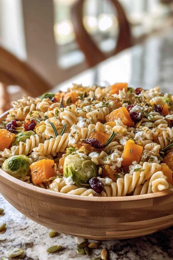 Fall pasta salad with roasted butternut squash, Brussels sprouts, apples, and goat cheese in large white serving bowl