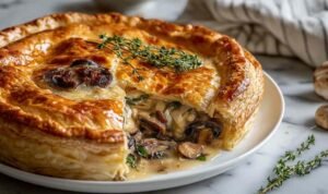 French Chicken and Mushroom Pie Tourte slice showing creamy chicken filling and golden puff pastry