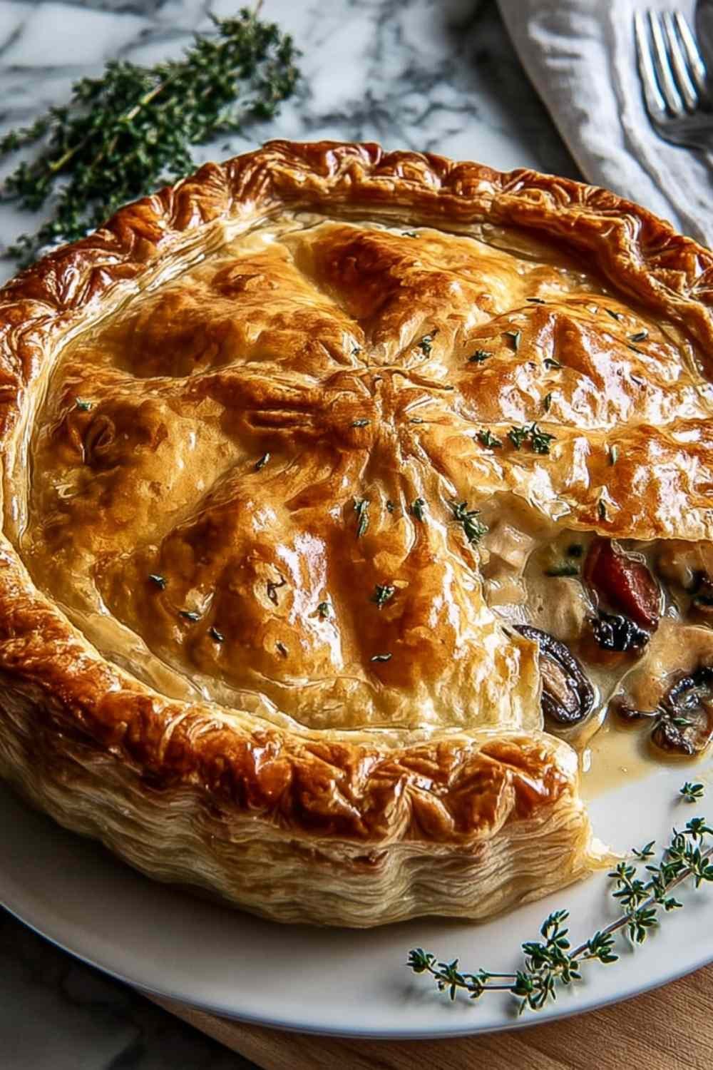 French Chicken and Mushroom Pie Tourte slice showing creamy chicken filling and golden puff pastry