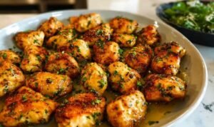 Garlic Butter Chicken Bites Garlic butter chicken bites cooking in skillet with melted butter and fresh herbs