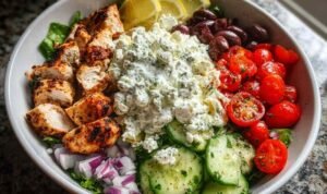 Greek Chicken Bowls Greek Chicken Bowls with sliced marinated chicken, fresh vegetables, quinoa, feta cheese, and tzatziki sauce